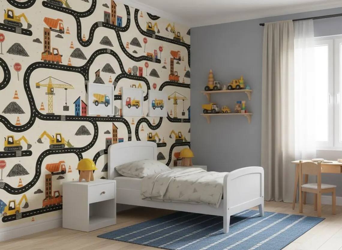 Construction Wallpaper For Boys Watercolor Trucks And Excavator Wall Mural Peel And Stick Kids Room Nursery Wall Decor Vehicle Wallpaper