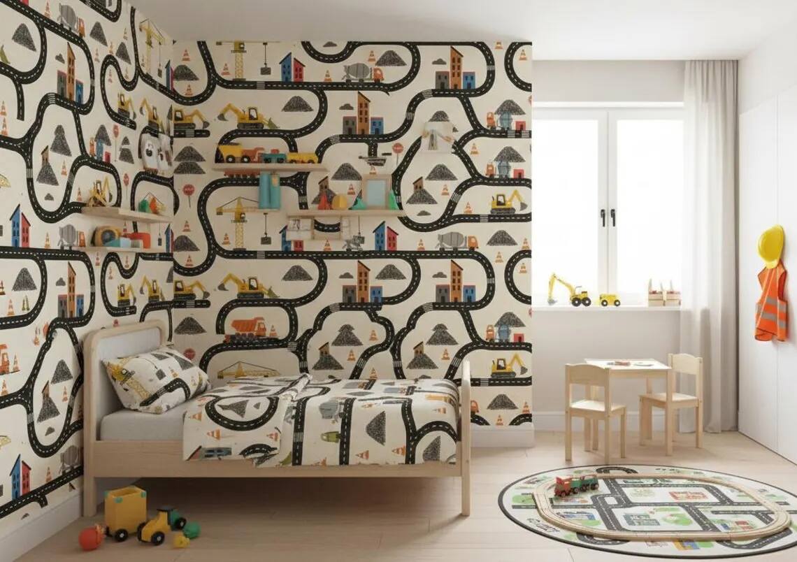 Construction Wallpaper For Boys Watercolor Trucks And Excavator Wall Mural Peel And Stick Kids Room Nursery Wall Decor Vehicle Wallpaper