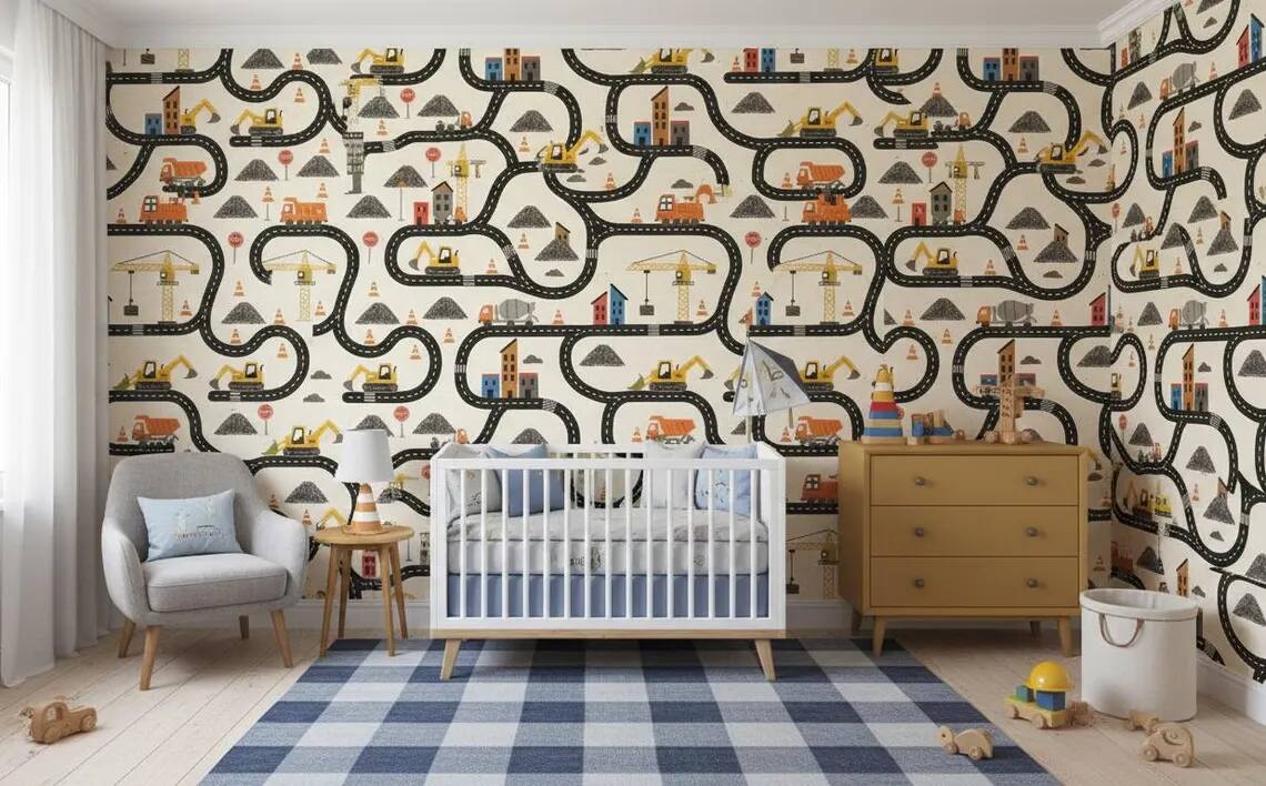 Construction Wallpaper For Boys Watercolor Trucks And Excavator Wall Mural Peel And Stick Kids Room Nursery Wall Decor Vehicle Wallpaper