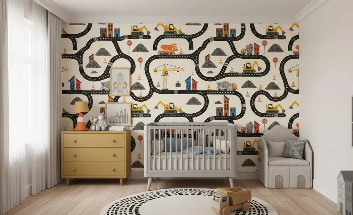 Construction Wallpaper For Boys Watercolor Trucks And Excavator Wall Mural Peel And Stick Kids Room Nursery Wall Decor Vehicle Wallpaper