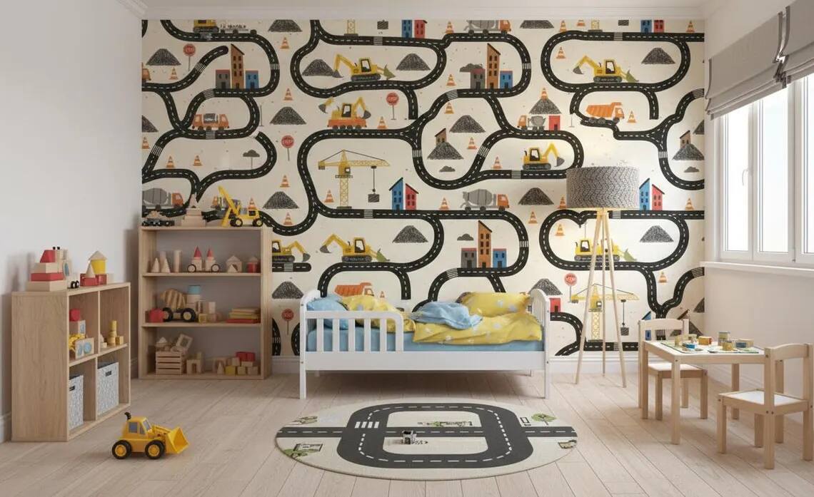 Construction Wallpaper For Boys Watercolor Trucks And Excavator Wall Mural Peel And Stick Kids Room Nursery Wall Decor Vehicle Wallpaper