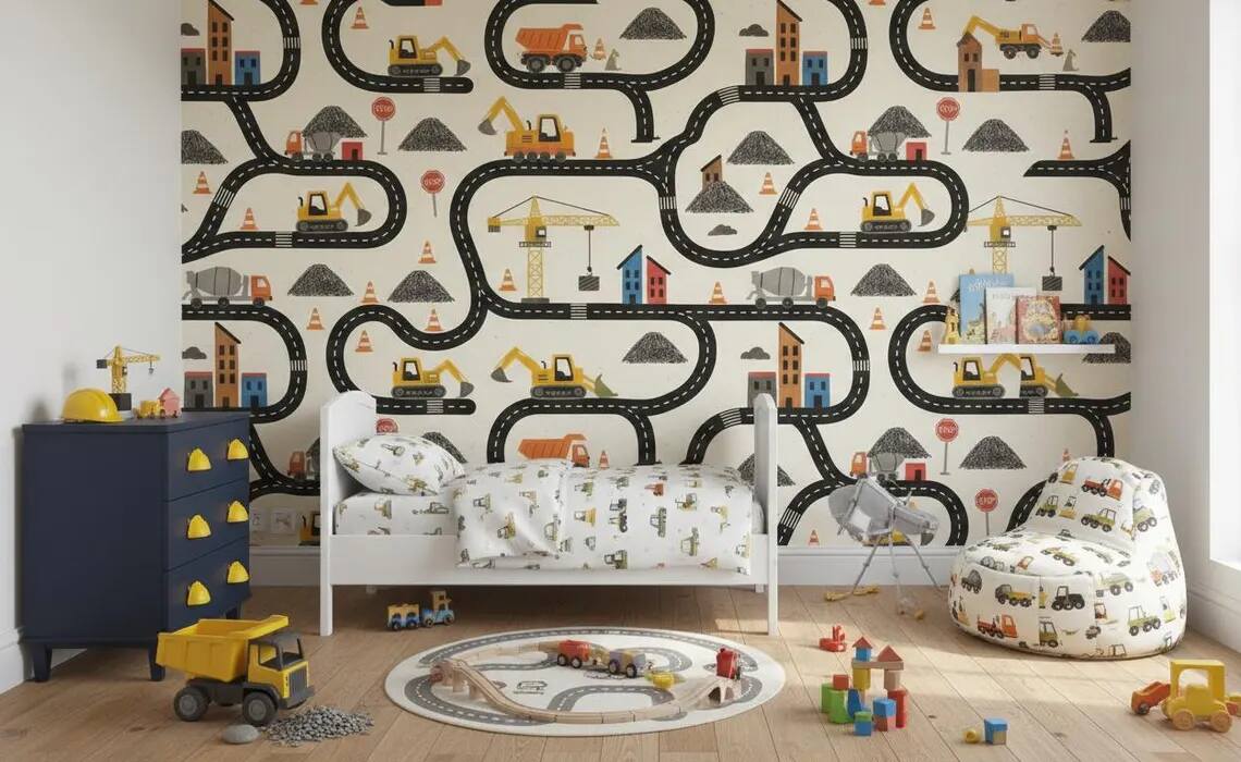 Construction Wallpaper For Boys Watercolor Trucks And Excavator Wall Mural Peel And Stick Kids Room Nursery Wall Decor Vehicle Wallpaper