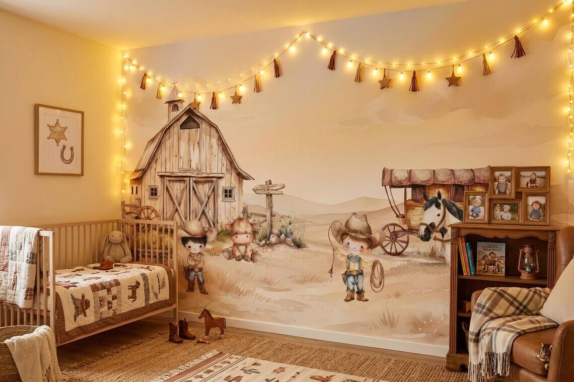 Cowboy Nursery Wallpaper Western Farm Animals Baby Boy Room Decor Peel And Stick