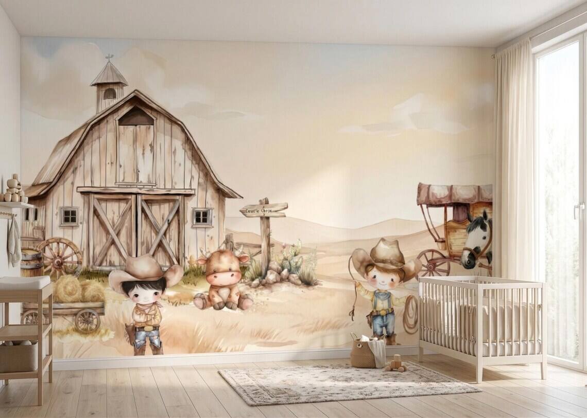 Cowboy Nursery Wallpaper Western Farm Animals Baby Boy Room Decor Peel And Stick