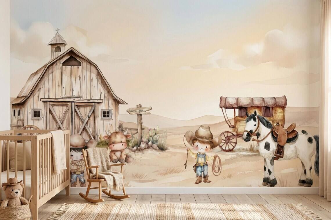 Cowboy Nursery Wallpaper Western Farm Animals Baby Boy Room Decor Peel And Stick
