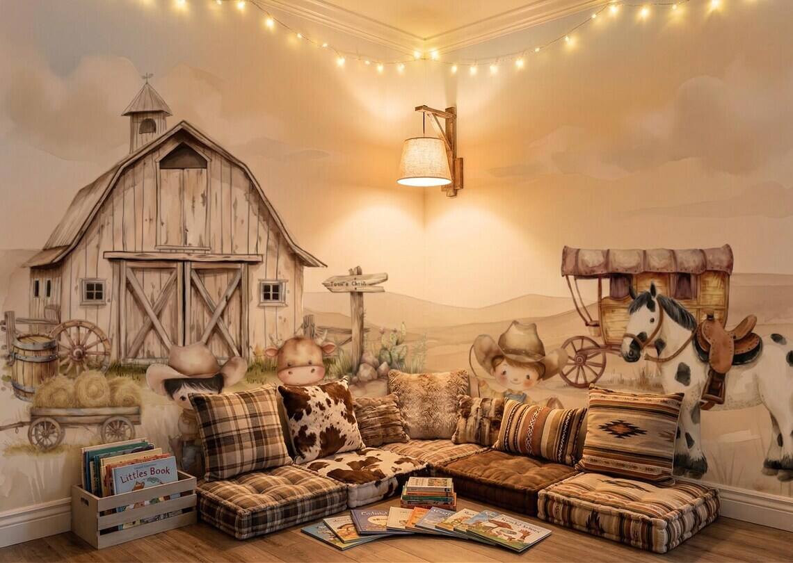 Cowboy Nursery Wallpaper Western Farm Animals Baby Boy Room Decor Peel And Stick