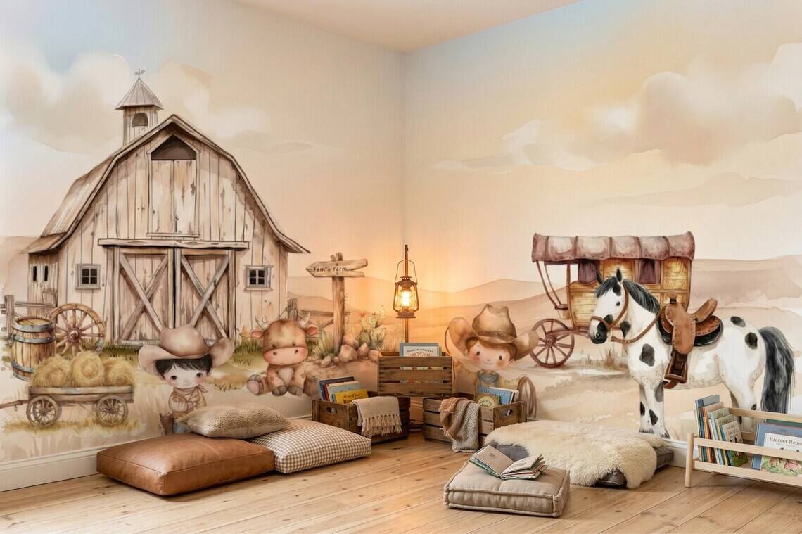 Cowboy Nursery Wallpaper Western Farm Animals Baby Boy Room Decor Peel And Stick
