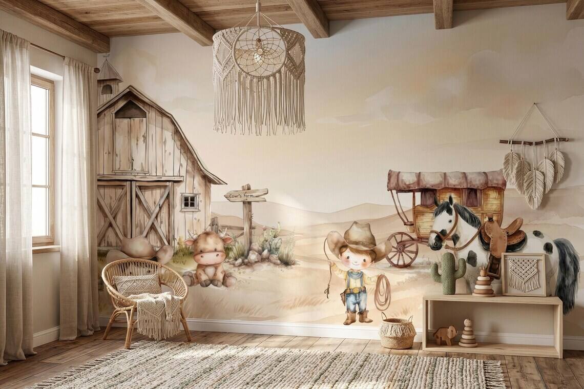 Cowboy Nursery Wallpaper Western Farm Animals Baby Boy Room Decor Peel And Stick