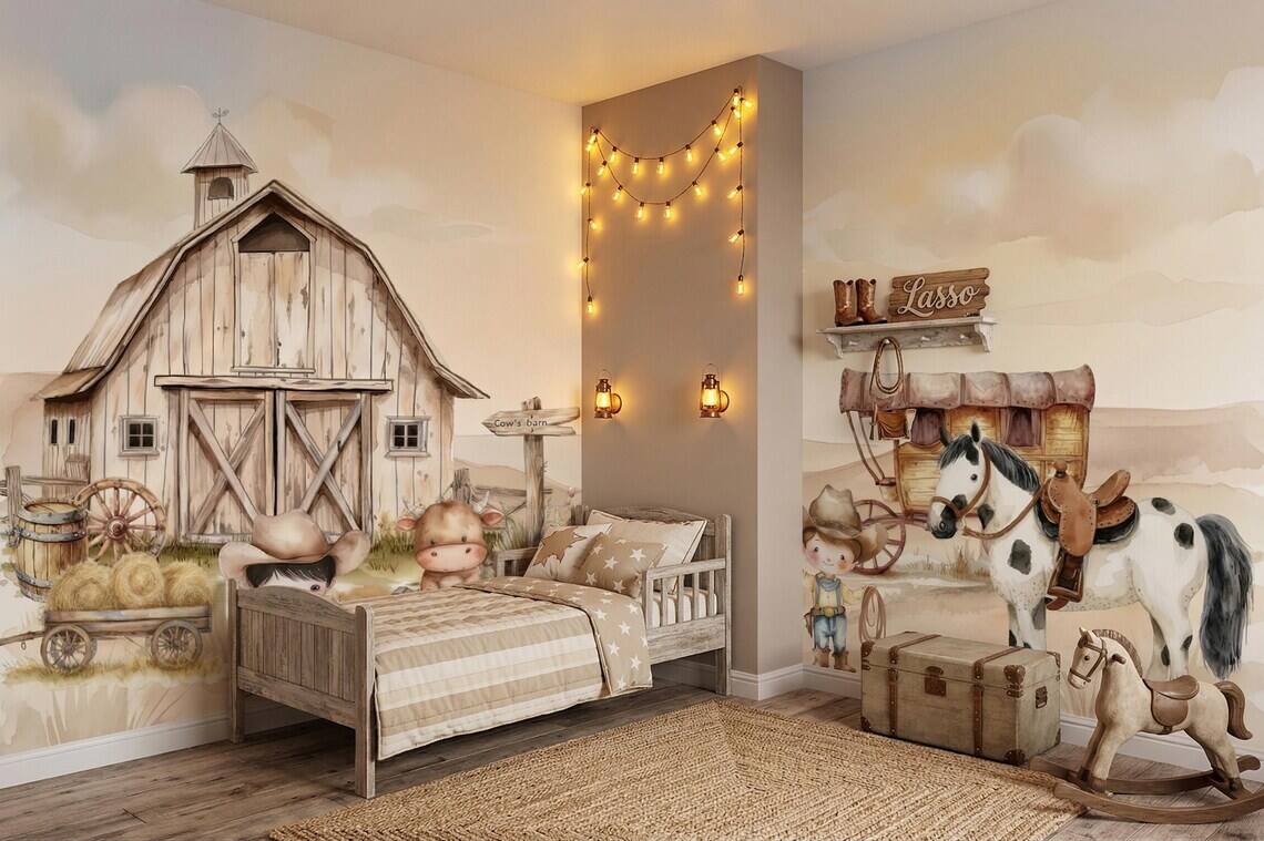Cowboy Nursery Wallpaper Western Farm Animals Baby Boy Room Decor Peel And Stick