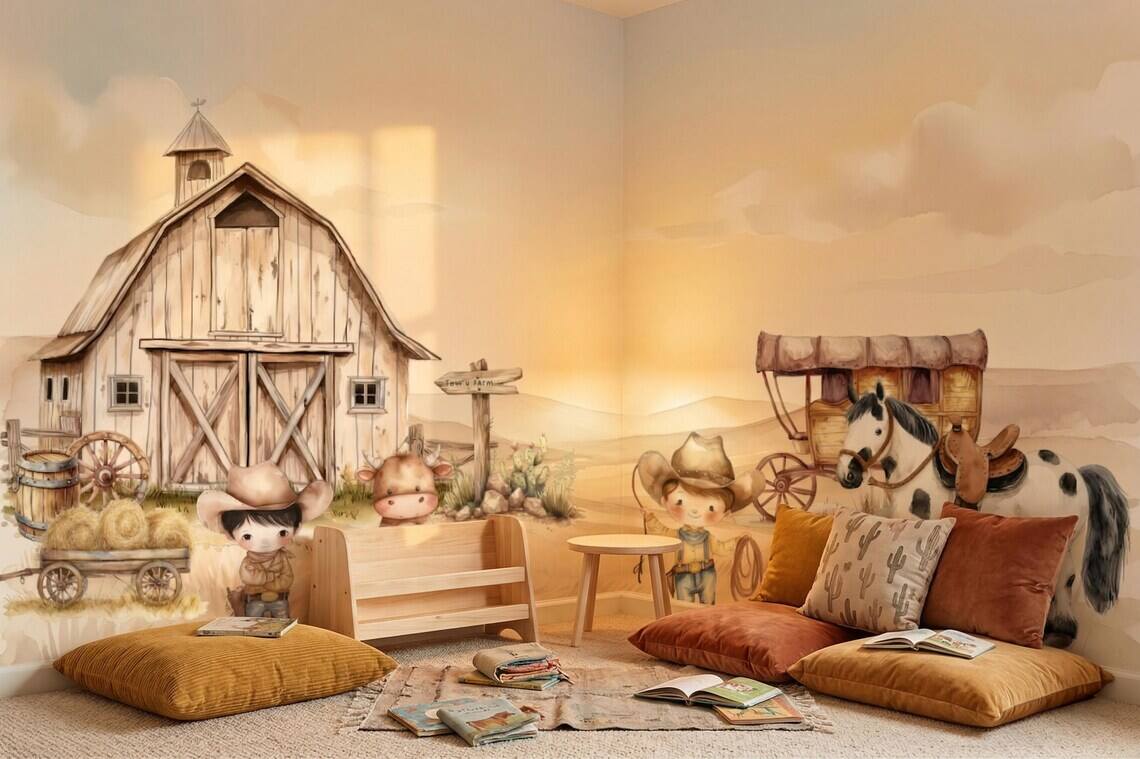 Cowboy Nursery Wallpaper Western Farm Animals Baby Boy Room Decor Peel And Stick