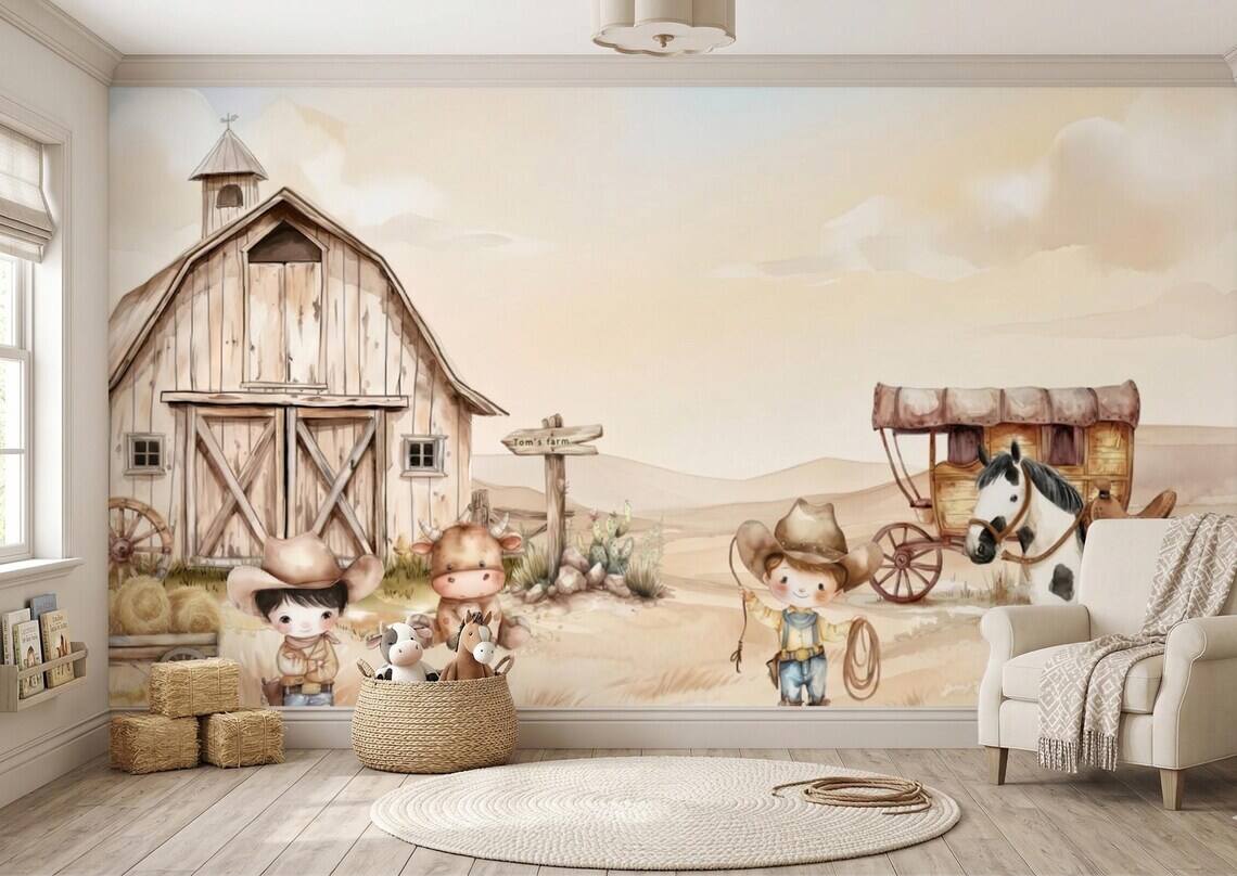 Cowboy Nursery Wallpaper Western Farm Animals Baby Boy Room Decor Peel And Stick