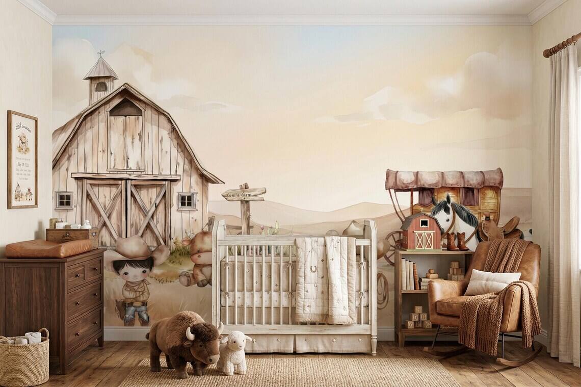 Cowboy Nursery Wallpaper Western Farm Animals Baby Boy Room Decor Peel And Stick