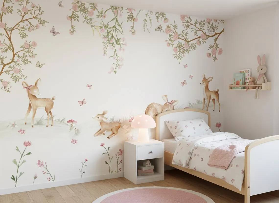 Cute Deer And Flowers Baby Room Mural Watercolor Baby Room Decoration Soft Floral Baby Room Peel And Stick Wallpaper For Baby Girls