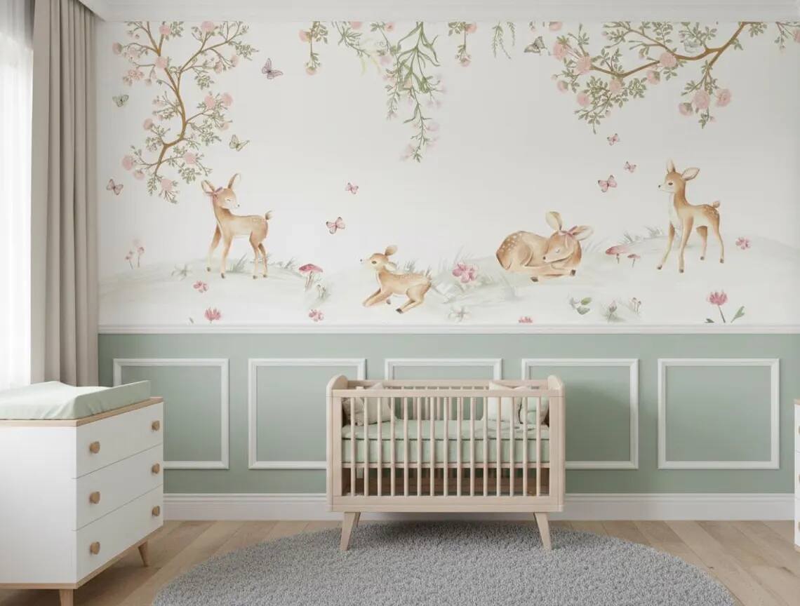 Cute Deer And Flowers Baby Room Mural Watercolor Baby Room Decoration Soft Floral Baby Room Peel And Stick Wallpaper For Baby Girls
