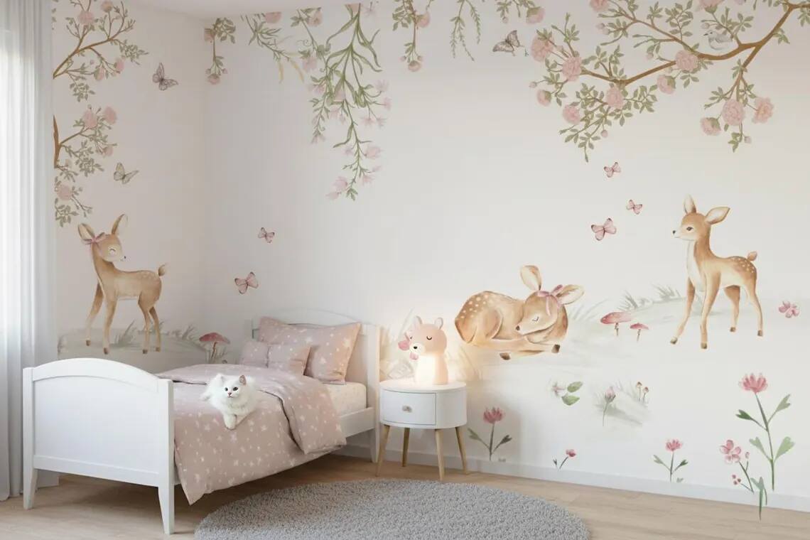 Cute Deer And Flowers Baby Room Mural Watercolor Baby Room Decoration Soft Floral Baby Room Peel And Stick Wallpaper For Baby Girls