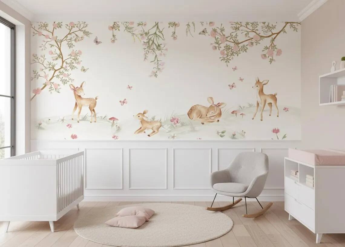 Cute Deer And Flowers Baby Room Mural Watercolor Baby Room Decoration Soft Floral Baby Room Peel And Stick Wallpaper For Baby Girls