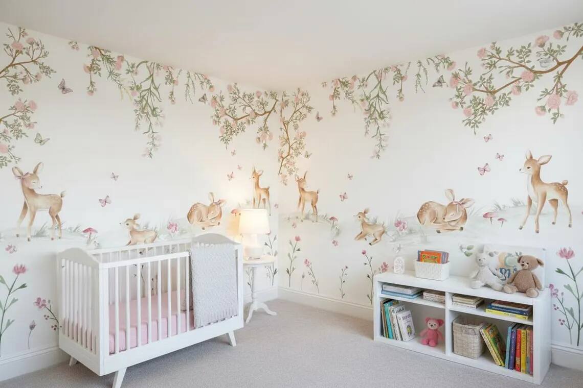 Cute Deer And Flowers Baby Room Mural Watercolor Baby Room Decoration Soft Floral Baby Room Peel And Stick Wallpaper For Baby Girls