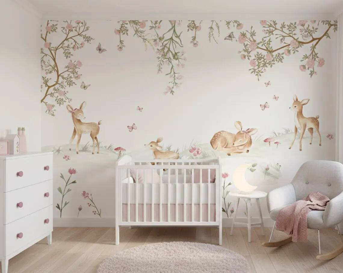 Cute Deer And Flowers Baby Room Mural Watercolor Baby Room Decoration Soft Floral Baby Room Peel And Stick Wallpaper For Baby Girls