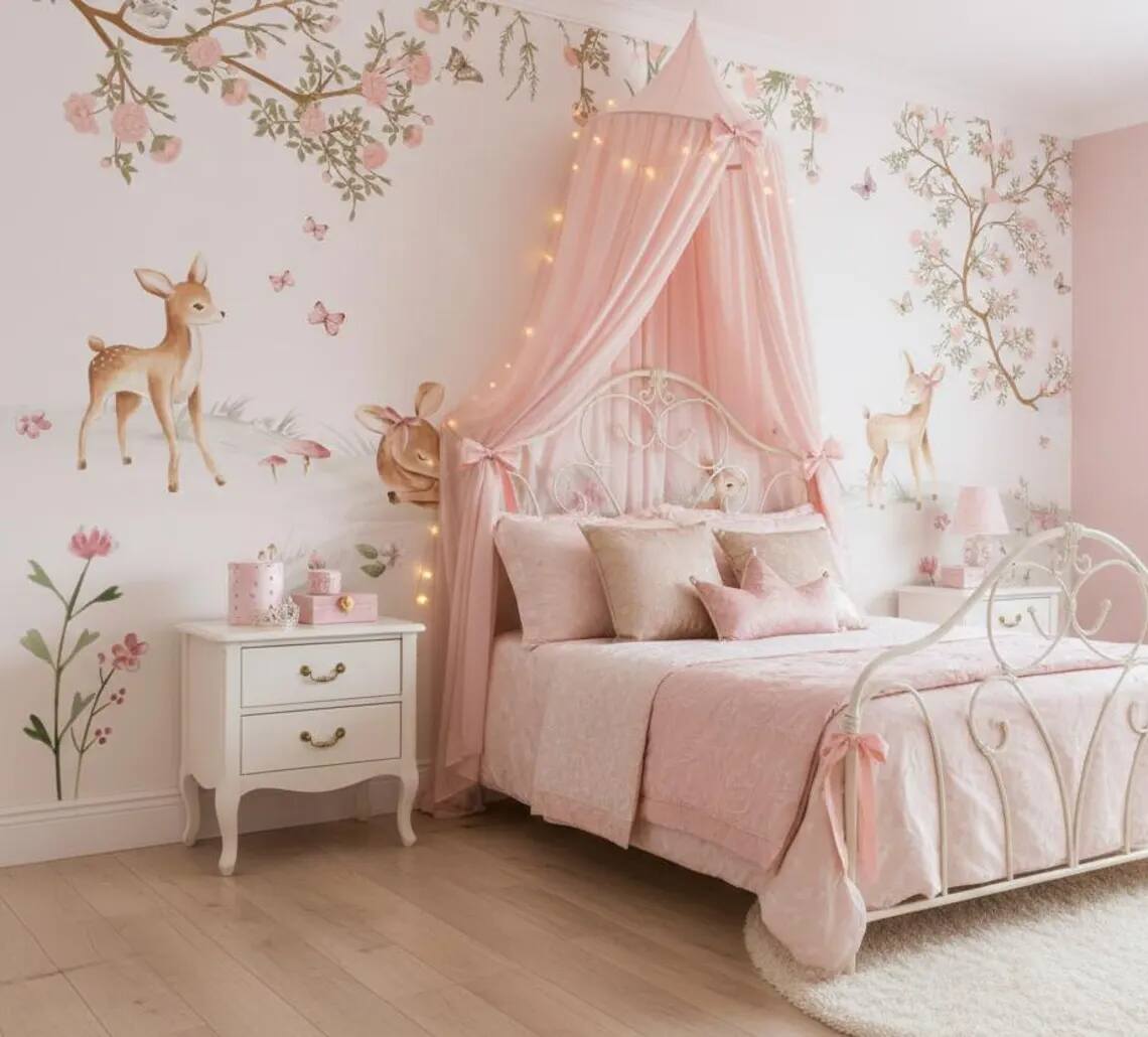 Cute Deer And Flowers Baby Room Mural Watercolor Baby Room Decoration Soft Floral Baby Room Peel And Stick Wallpaper For Baby Girls
