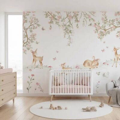 Cute Deer And Flowers Baby Room Mural Watercolor Baby Room Decoration Soft Floral Baby Room Peel And Stick Wallpaper For Baby Girls