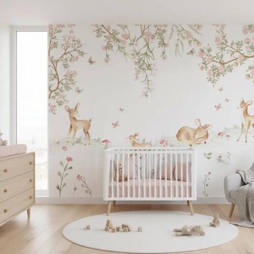 Cute Deer And Flowers Baby Room Mural Watercolor Baby Room Decoration Soft Floral Baby Room Peel And Stick Wallpaper For Baby Girls