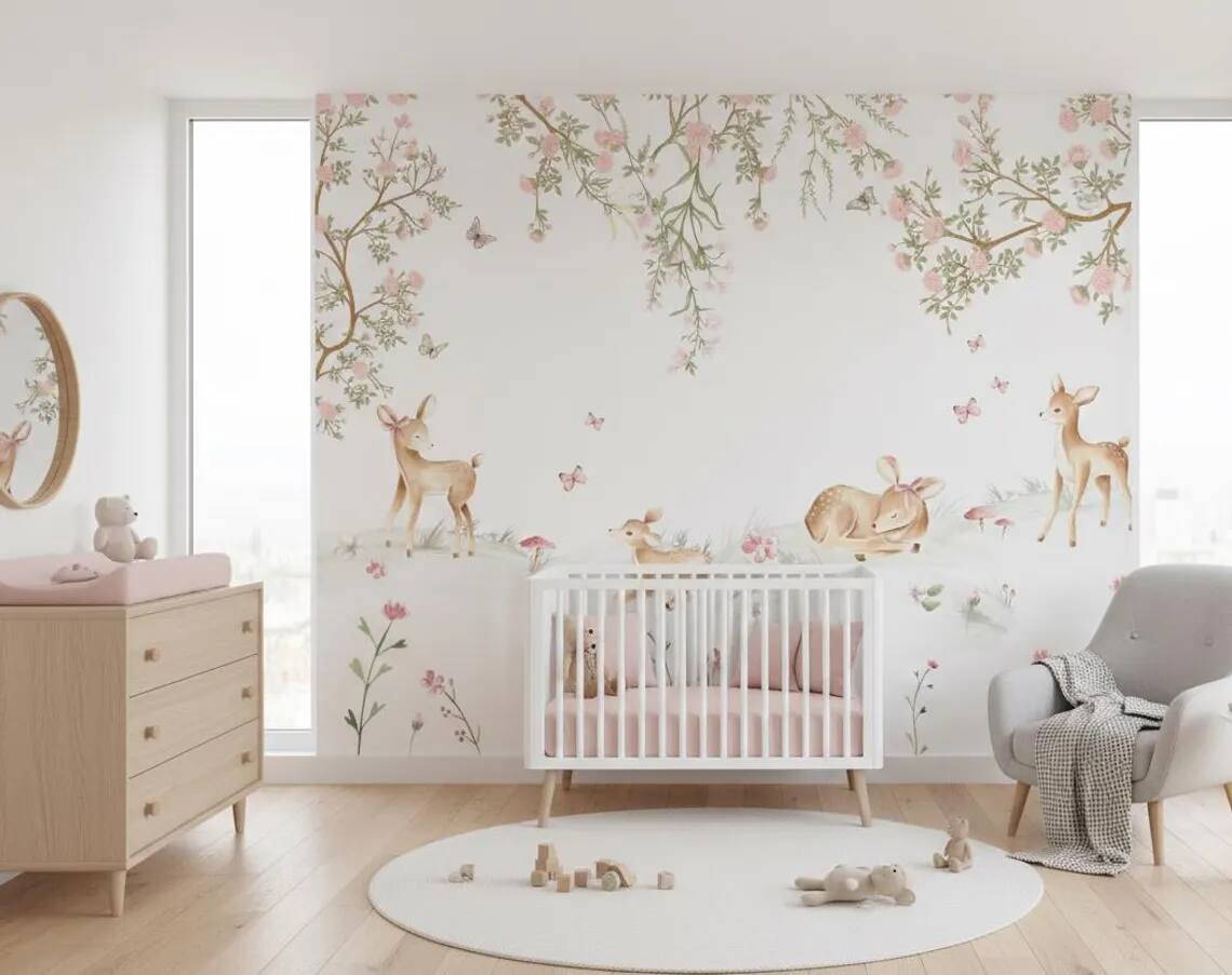 Cute Deer And Flowers Baby Room Mural Watercolor Baby Room Decoration Soft Floral Baby Room Peel And Stick Wallpaper For Baby Girls
