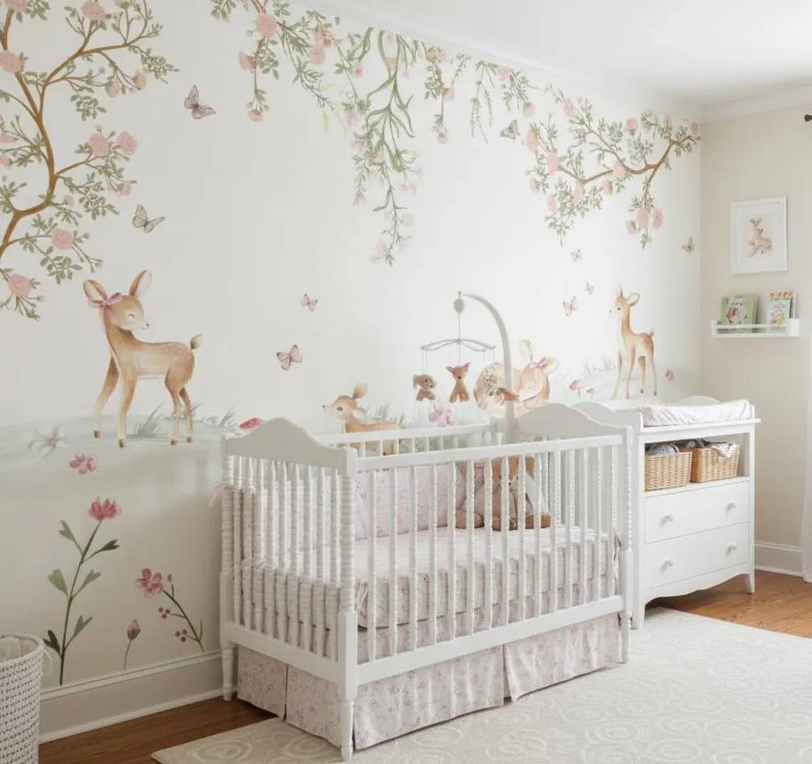 Cute Deer And Flowers Baby Room Mural Watercolor Baby Room Decoration Soft Floral Baby Room Peel And Stick Wallpaper For Baby Girls
