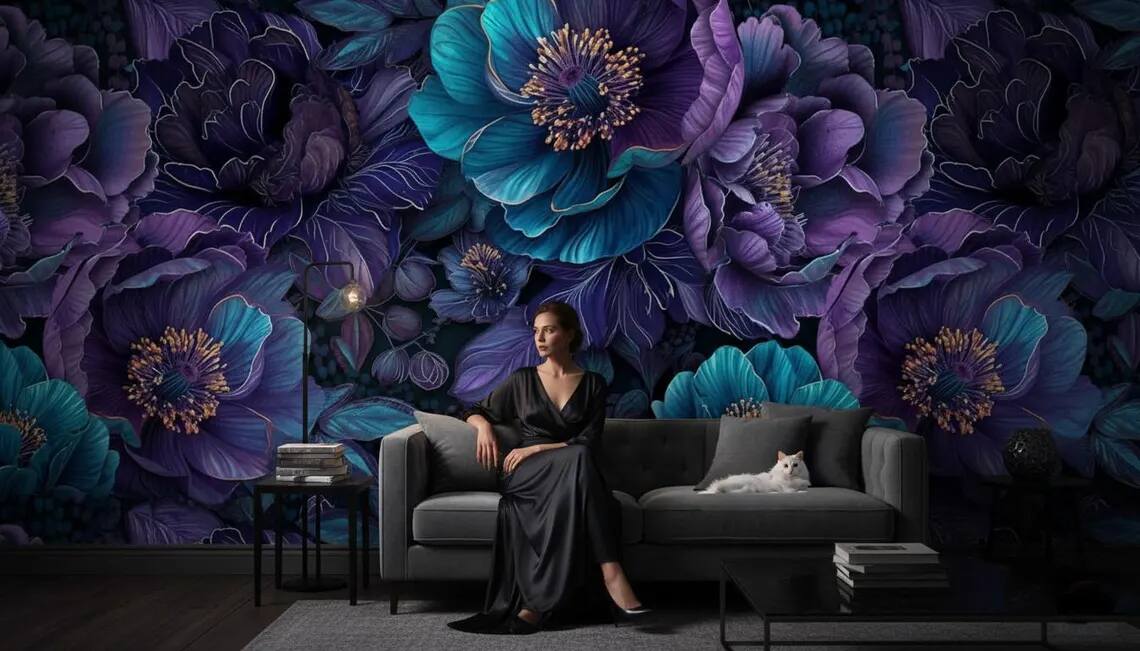 Deep Teal Purple Floral Wallpaper Dark Moody Botanical Peel And Stick Wall Mural