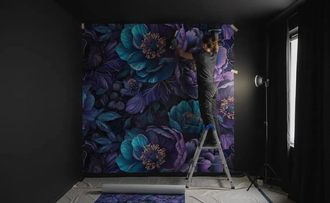 Deep Teal Purple Floral Wallpaper Dark Moody Botanical Peel And Stick Wall Mural