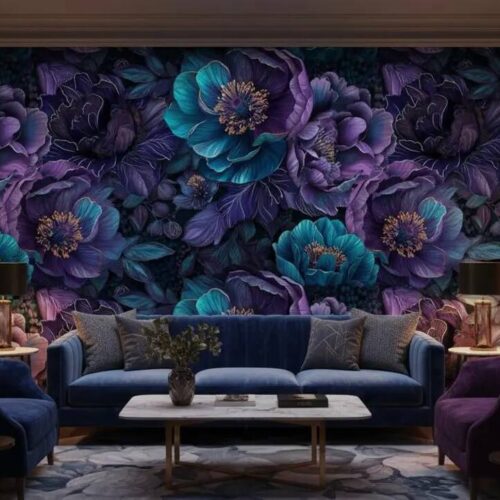 Deep Teal Purple Floral Wallpaper Dark Moody Botanical Peel And Stick Wall Mural