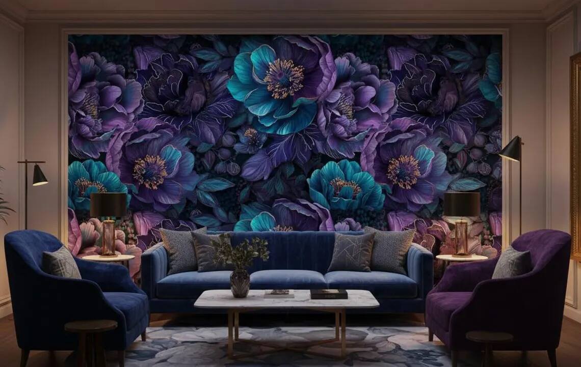 Deep Teal Purple Floral Wallpaper Dark Moody Botanical Peel And Stick Wall Mural