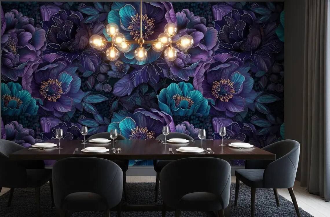 Deep Teal Purple Floral Wallpaper Dark Moody Botanical Peel And Stick Wall Mural