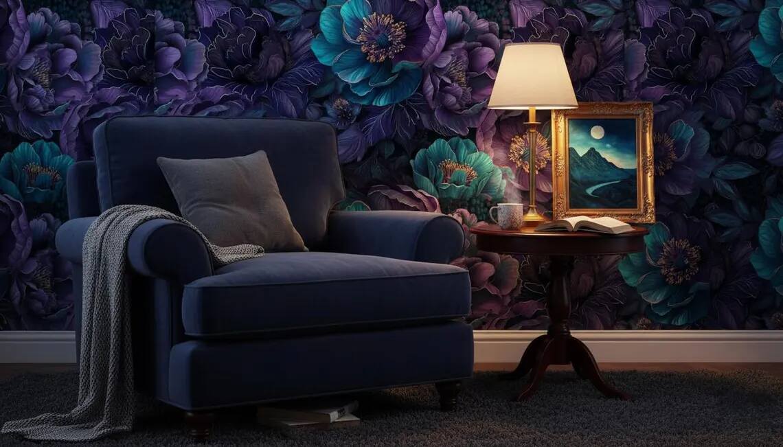 Deep Teal Purple Floral Wallpaper Dark Moody Botanical Peel And Stick Wall Mural