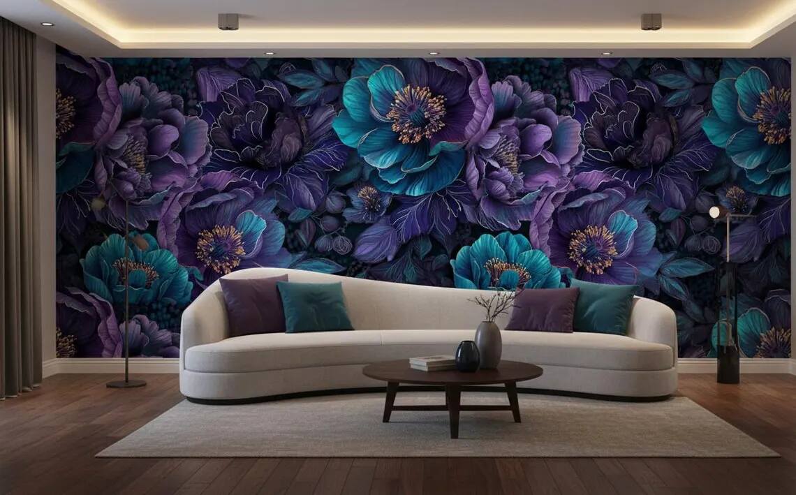 Deep Teal Purple Floral Wallpaper Dark Moody Botanical Peel And Stick Wall Mural