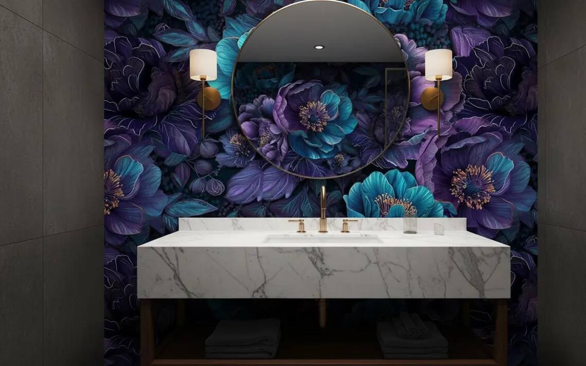 Deep Teal Purple Floral Wallpaper Dark Moody Botanical Peel And Stick Wall Mural