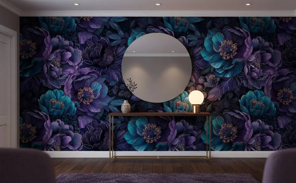 Deep Teal Purple Floral Wallpaper Dark Moody Botanical Peel And Stick Wall Mural