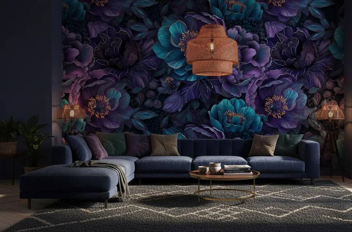 Deep Teal Purple Floral Wallpaper Dark Moody Botanical Peel And Stick Wall Mural