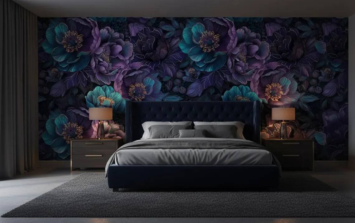 Deep Teal Purple Floral Wallpaper Dark Moody Botanical Peel And Stick Wall Mural