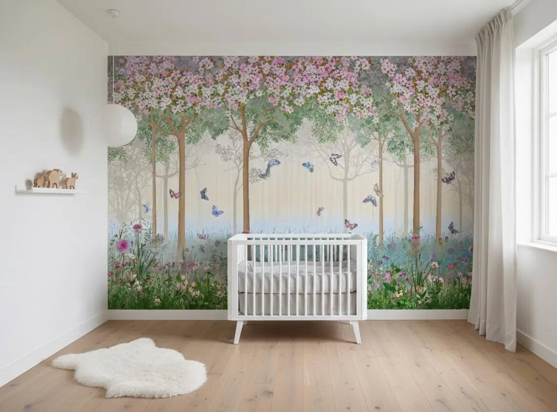 Enchanted Forest Nursery Wallpaper Floral Butterfly Wall Mural Kids Room Peel And Stick