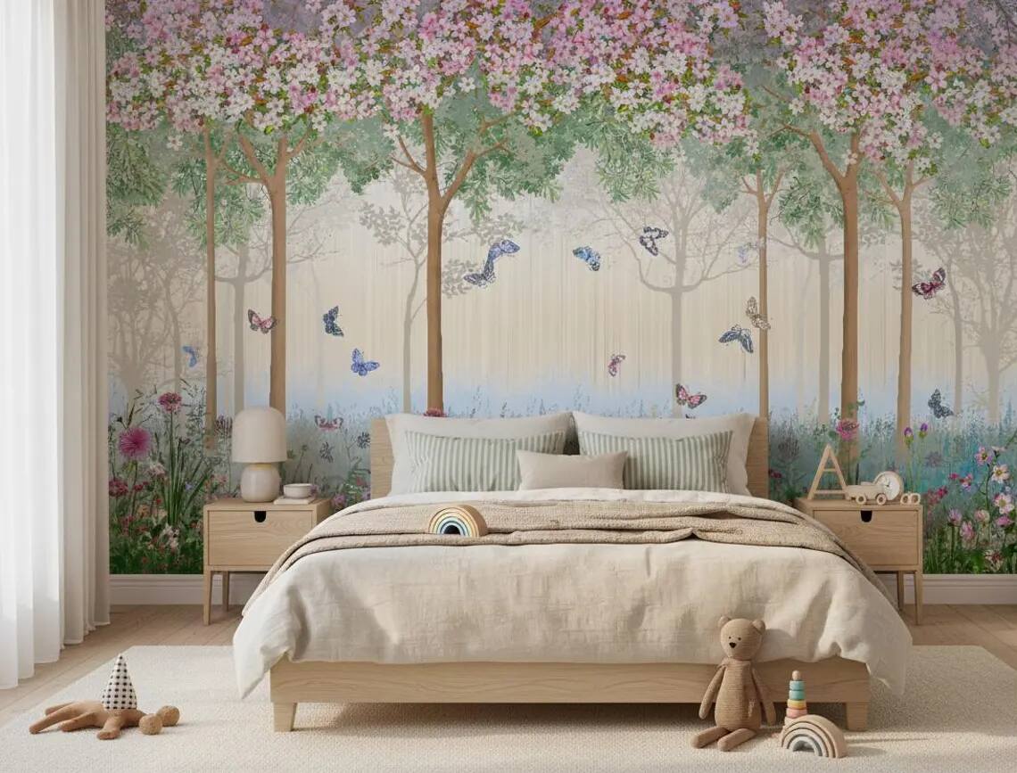 Enchanted Forest Nursery Wallpaper Floral Butterfly Wall Mural Kids Room Peel And Stick