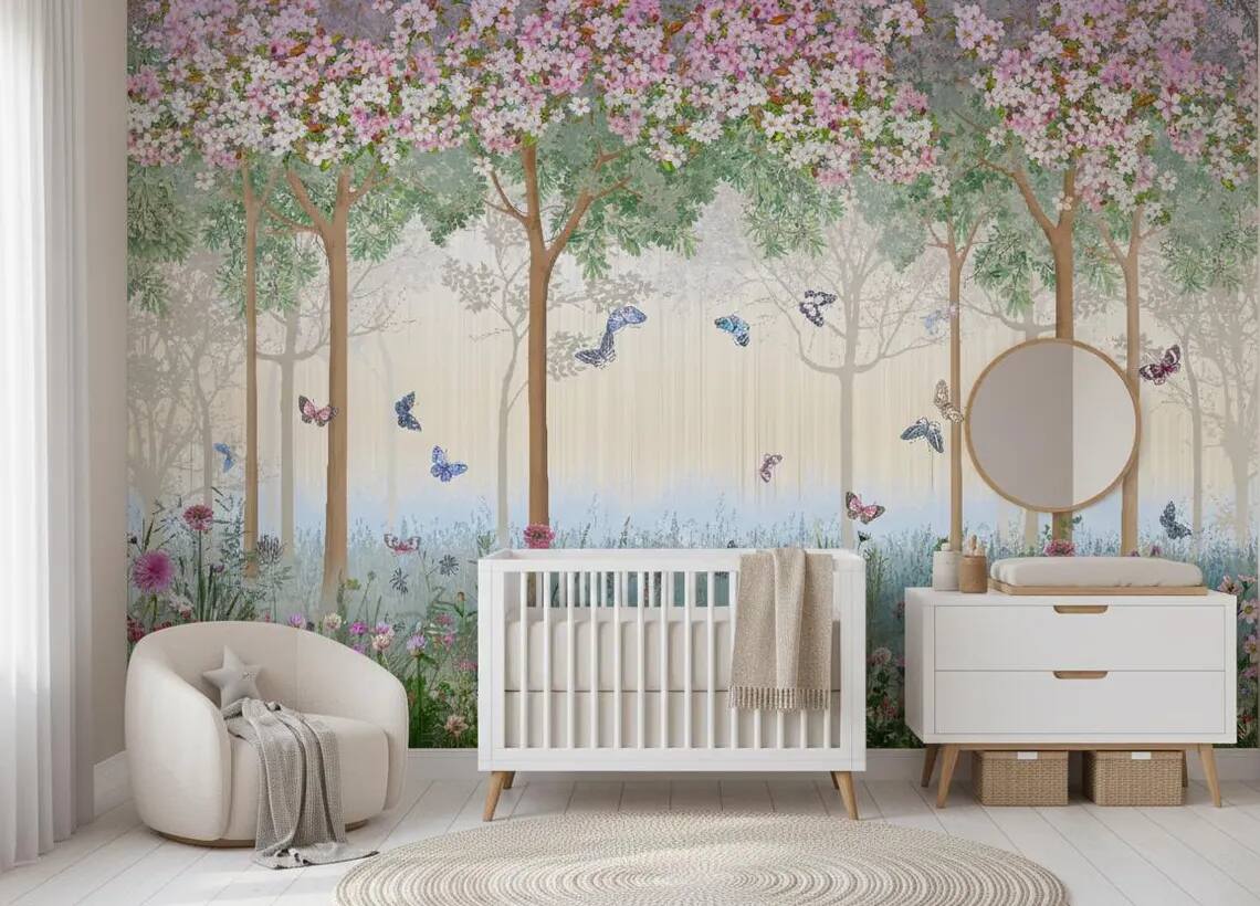 Enchanted Forest Nursery Wallpaper Floral Butterfly Wall Mural Kids Room Peel And Stick