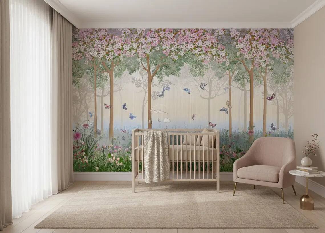 Enchanted Forest Nursery Wallpaper Floral Butterfly Wall Mural Kids Room Peel And Stick