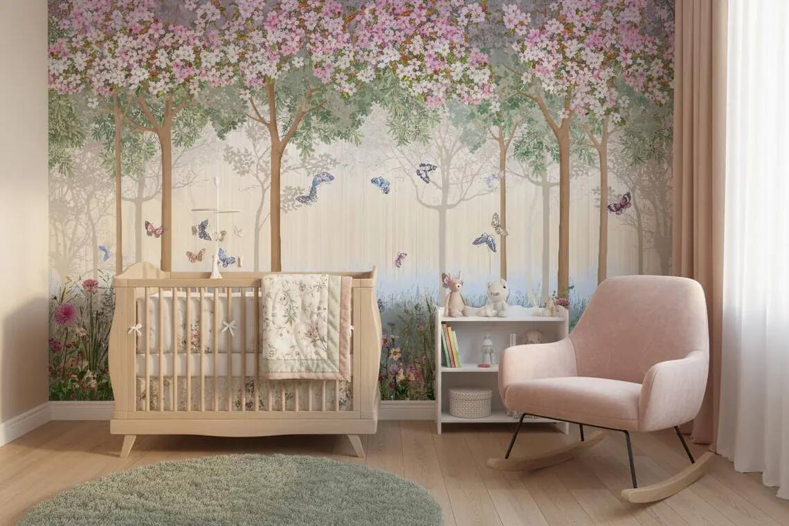 Enchanted Forest Nursery Wallpaper Floral Butterfly Wall Mural Kids Room Peel And Stick