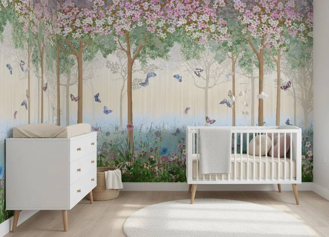 Enchanted Forest Nursery Wallpaper Floral Butterfly Wall Mural Kids Room Peel And Stick