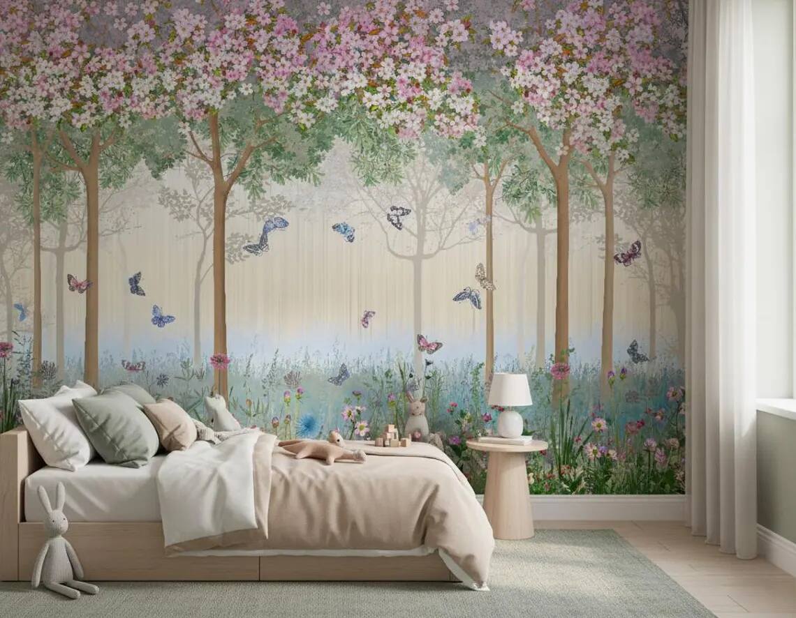 Enchanted Forest Nursery Wallpaper Floral Butterfly Wall Mural Kids Room Peel And Stick