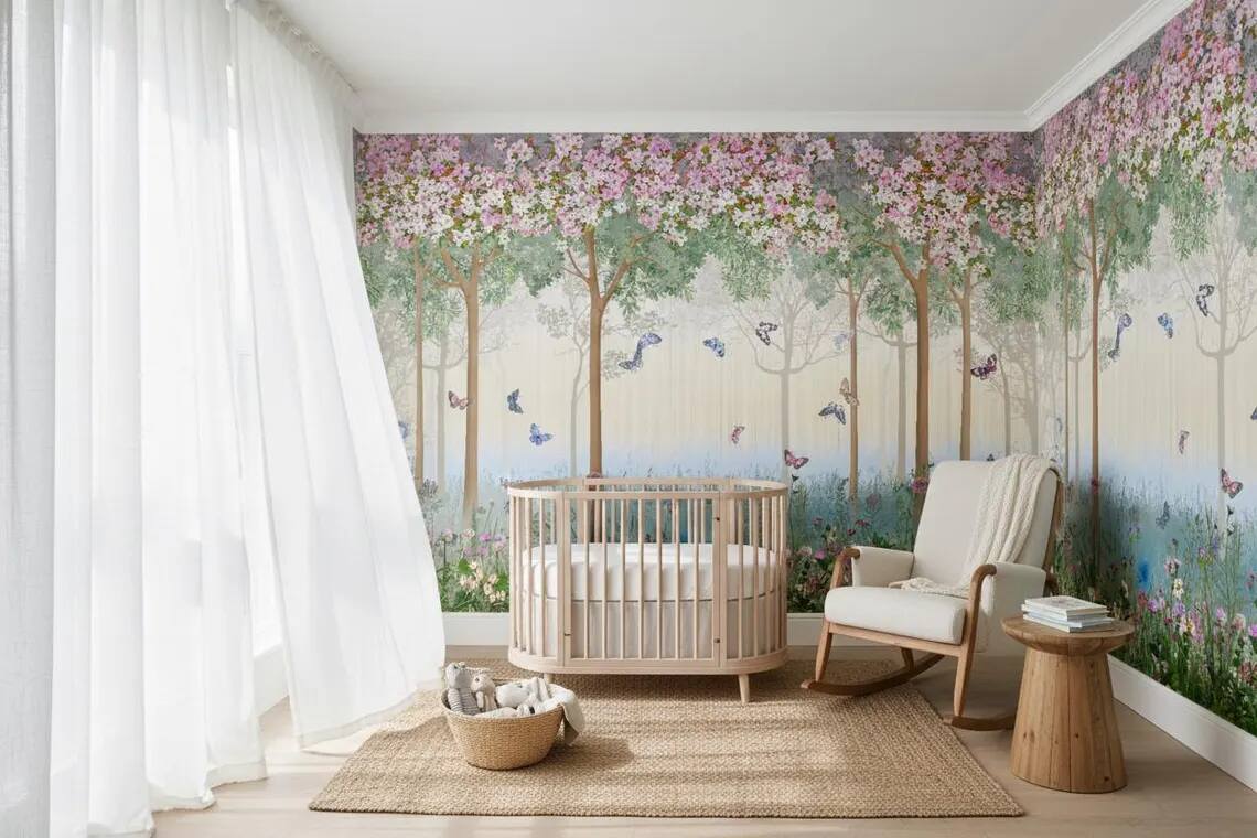 Enchanted Forest Nursery Wallpaper Floral Butterfly Wall Mural Kids Room Peel And Stick
