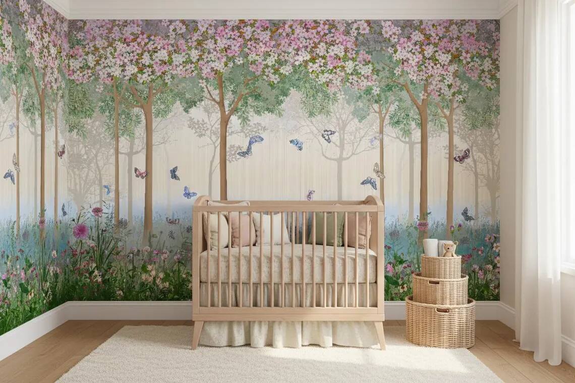 Enchanted Forest Nursery Wallpaper Floral Butterfly Wall Mural Kids Room Peel And Stick