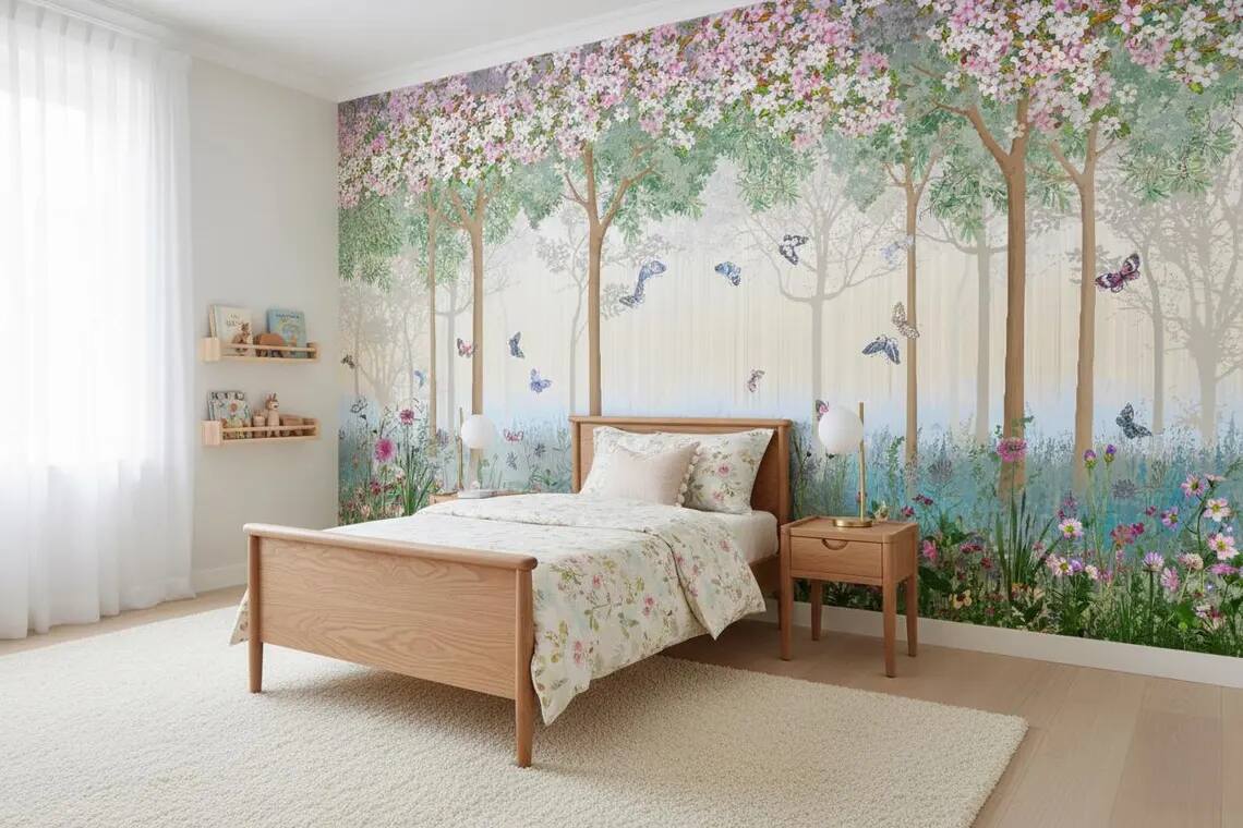 Enchanted Forest Nursery Wallpaper Floral Butterfly Wall Mural Kids Room Peel And Stick