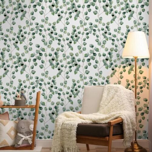 Eucalyptus Leaves And Flowers Peel And Stick Wall Mural Removable Decal Boho Watercolor Floral Botanical Self Adhesive Wallpaper
