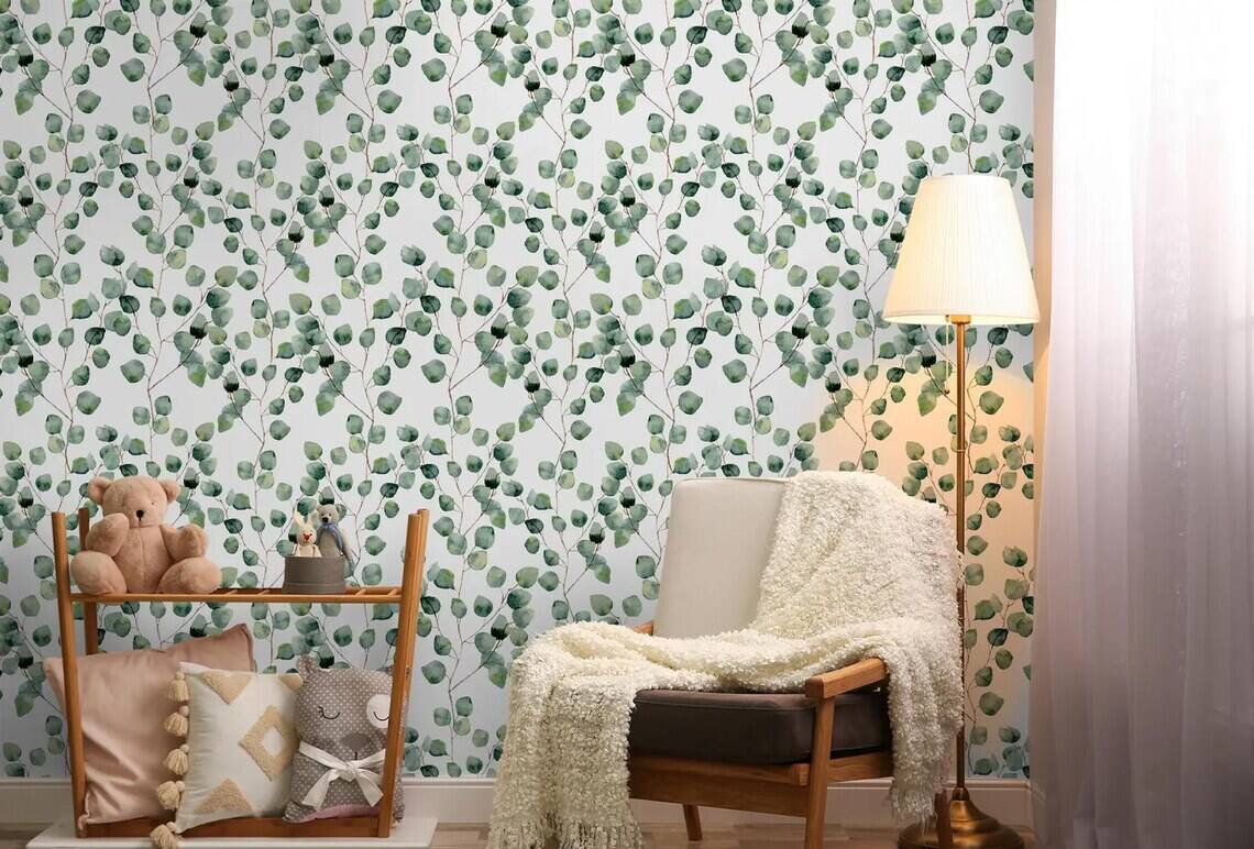 Eucalyptus Leaves And Flowers Peel And Stick Wall Mural Removable Decal Boho Watercolor Floral Botanical Self Adhesive Wallpaper